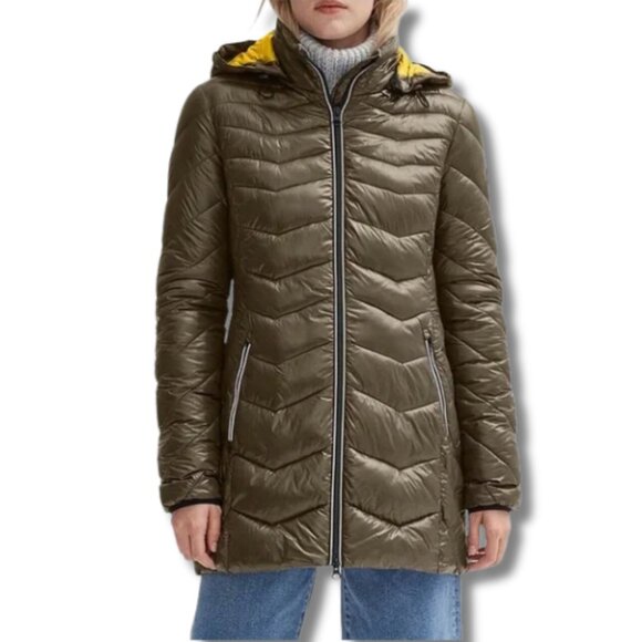 Noize Claire Mid-Length Puffer Coat, Forest Green S/P - Zig Zag Chevron Quilted - Picture 1 of 10